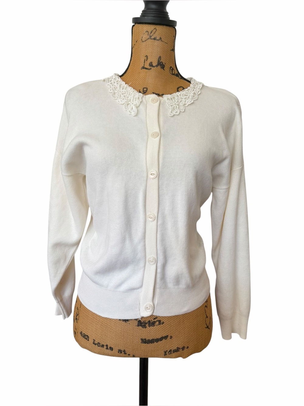 100% Cotton Vintage 90s Sweater Loft Ivory Lace Collar Cotton Cardigan Made USA - Picture 2 of 7